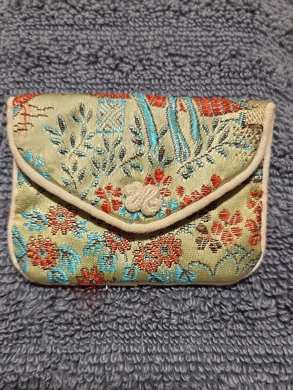 Embroidered Floral Satin Pouch For Rosary Or Other Jewelry in Light Green
